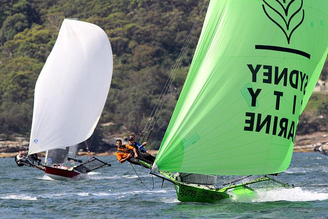Sydney City marine battles with her big rig - JJ Giltinan 18ft Skiff Championship 2014 © Australian 18 Footers League http://www.18footers.com.au